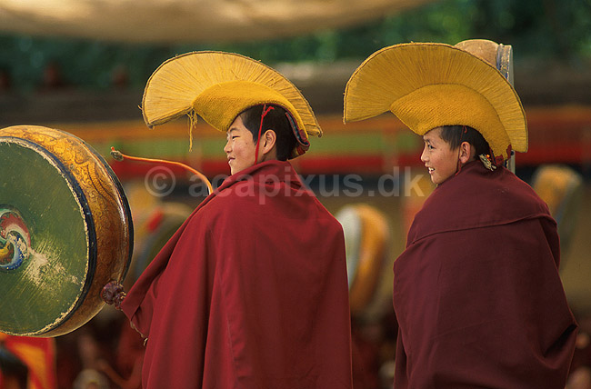 Tashilhunpo Monastery. Tibetanske buddistiske munkedrenge spiller p� tromme ved religi�s festival i Tashilhunpo klosteret i Shigatse; ; Tashihunpo / Shigatse; Tibet / Kina; Asien; ; Buddhisme, klostre, Himalaya, Panchen Lama, lamaisme, musik, trommer, religion