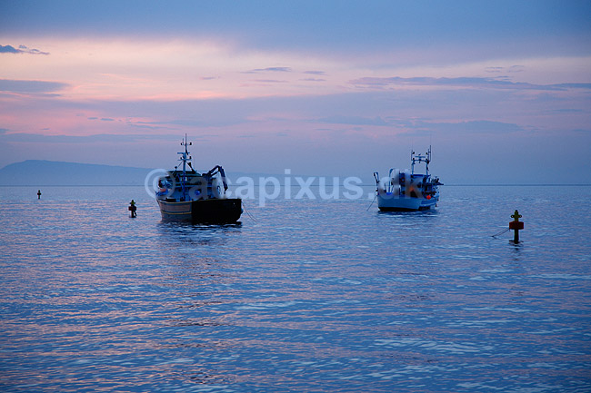 Fiskerb�de. Fiskerb�de i solnedgang ligger fort�jet ud for Sorrento i Italien; ; Sorrento; Italien; Europa; ; fiskeri, havfiskeri, solnedgange