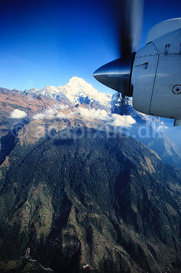 Himalaya bjergene. Varahashikhar (7847 m) set fra fly p� vej til Jomsom ( Scan af KOL1178 ) ; ; Himalaya bjergene; Nepal; Asien; ; Bjerge, propelfly, propel, propeller, sne