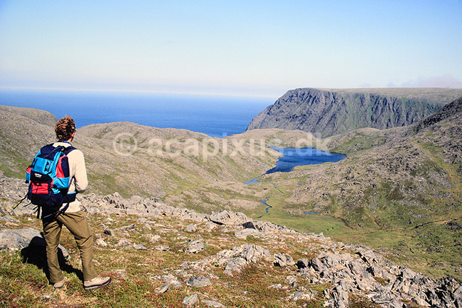 Fjeldvandrer. Fjeldvandrer p� Mager�y I baggrunden Nordkap klippen ( Scan af KOL23 ) ; ; Mager�y; Norge; ; ; Trek, trekking, fjeldvandring, fjeldvandrere