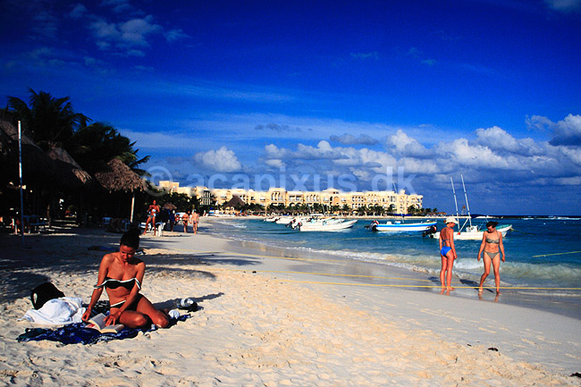 Strandliv. Strandliv p� sandstranden ved Playa del Carmen ( Scan af KOL6824 ) ; ; Playa del Carmen / Quintana Roo; Mexico; Nordamerika; ; Turisme, badeferie, badeliv, strand, sommerferie