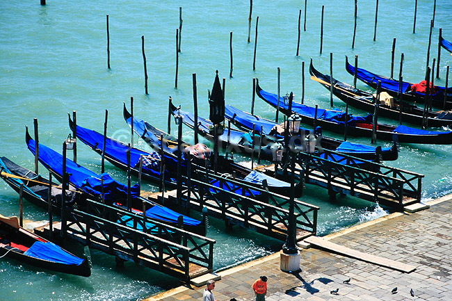Gondoler. Gondolerne foran Markus Pladsen (Piazza San Marco) set fra klokket�rnet p� Piazza San Marco ( Scan af KOL7864 ) ; ; Venedig; Italien; ; ; gondol