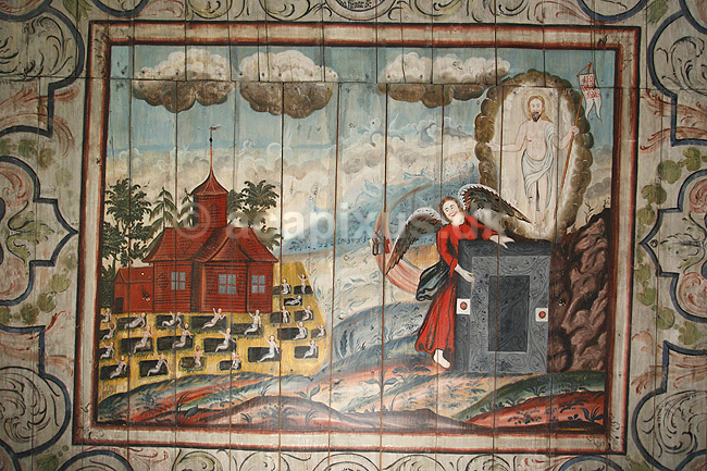 Brandstorp kirke. Opstandelsen som loftsmaleri i tr�kirke i Brandstorp i Sverige; ; Brandstorp; Sverige; ; ; Kirker, kirke, religion, kristendom