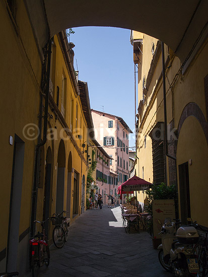 Lucca. Idyllisk gade i Lucca; ; Lucca; Italien; ; ; Toscana, Toscany, toscansk. Fortorvscaf�, turisme, sightseeing