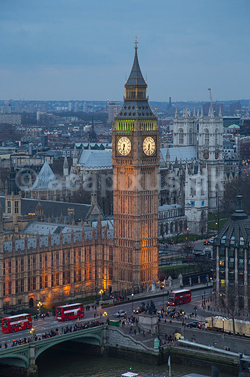 London. Palace of Westminster, Big Ben og Westminster Abbey set fra London Eye; ; London; England; ; ; Storbyer, Storbritanien, River Thames, Downtown, City