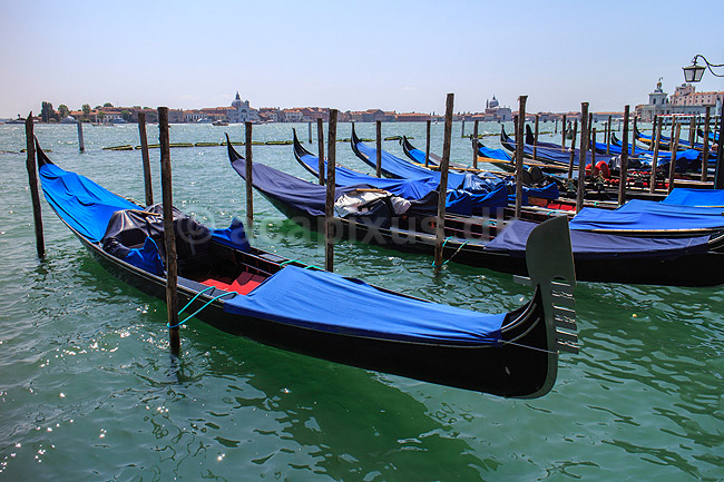 Venedig. Gondoler fort�jrede ved Markuspladsen; ; Piazza San Marco / Venedig; Italien; ; sev�rdigheder; turisme, gondol