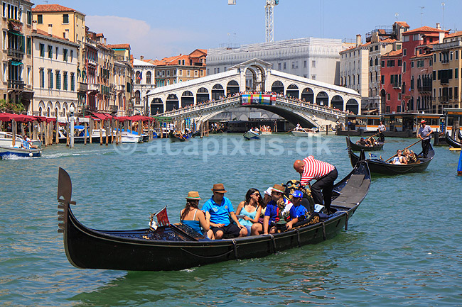 Venedig. Gondoler p� Canal Grande i Venedig med Rialto broen i baggrunden; ; Venedig; Italien; ; sev�rdigheder; turisme, gondol