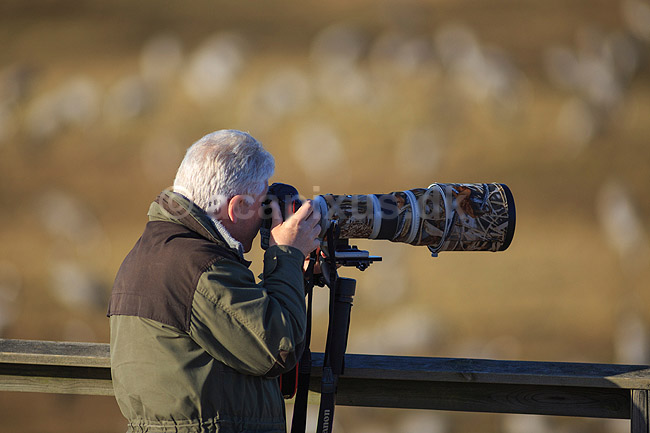 Naturfotograf. Fotograf med teleobjektiv p� monopod med Gimbalhead ved tranedansen ved Hornborga s�en / Hornborgasj�n; ; Hornborga s�en / Hornborgasj�n; Sverige; ; ; naturfotografering, fuglefotografering, fuglefotograf, objektiv, objektiver, Canon