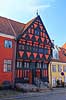 Henner Friisers Hus. Henner Friisers Hus og andre gamle huse i Gammel Vestergade og Brogade i Middelfart.  Middelfart Danmark   