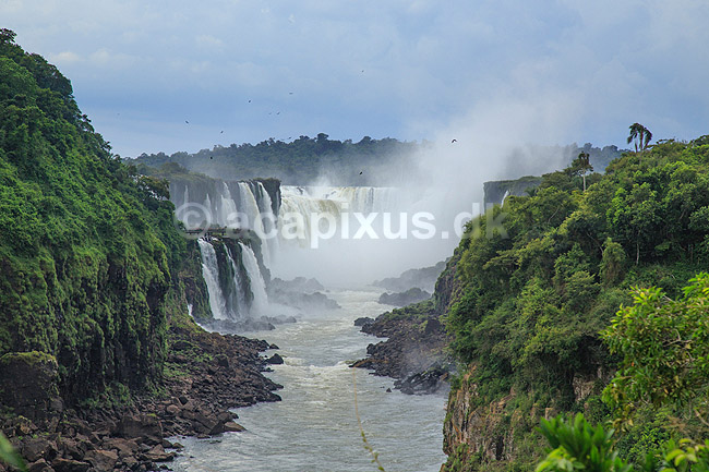 Iguazu vandfaldene. Iguazu vandfaldene med Garganta del Diablo bagerst set fra den Argentinske side af vandfaldene - til h�jre Argentina til venstre Brasilien; ; Iguazu; Argentina; Sydamerika; ; Vandfald, The Iguazu Falls, Iguaz� Falls, Iguassu Falls, Igua�u Falls, Cataratas del Iguaz�, Cataratas do Igua�u 