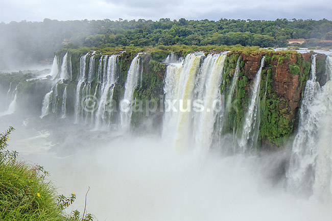Iguazu vandfaldene. Iguazu vandfaldene fosser over mosbegroet klippeside - set fra den Argentinske side af vandfaldene - til h�jre Argentina til venstre Brasilien; ; Iguazu; Argentina; Sydamerika; ; Vandfald, The Iguazu Falls, Iguaz� Falls, Iguassu Falls, Igua�u Falls, Cataratas del Iguaz�, Cataratas do Igua�u 