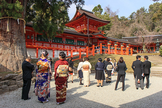 Japansk bryllup. Japansk brudepar poserer ved i Kasuga-Taisha Shrine templet i Nara ; ; Kasuga-Taisha Shrine / Nara; Japan; Asien; ; templer, buddisme, buddhism, buddistisk