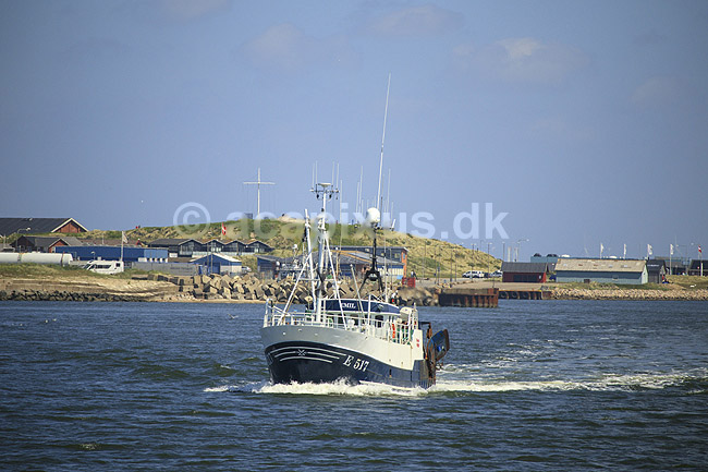 Fiskekutter. En fiskekutter stevner ud af havnen i Hvidesande; ; Vesterhavet / Hvidesande; Danmark; ; ; Fiskeri, erhvervsfiskeri