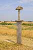 Ladby Skibet. Stort tr�sv�rd stukket i jorden som skulptur ved Vikingemuseet Ladby  Vikingemuseet Ladby / Kerteminde Danmark  sev�rdigheder Nationalmuseet, gravh�j, vikinger, konger, h�vdinger, vikingeskibe, Ladbykongen