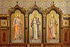 St Steven hall. Ungarske konger Laszlo, Kalman og Bela afbilledet p� v�ggen i St. Steven hal, St. Stephen's Hall, Szent Istvan-terem, i Buda borgen p� den vestlige Buda-side af Donaufloden i Budapest  Buda Castle / Budapest Ungarn  sev�rdigheder Konge
