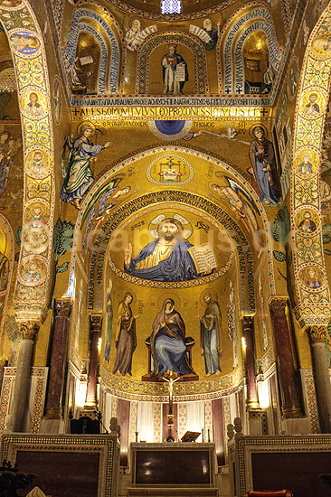 Palatine Kapellet. Gyldne mosaikker udsmykker Palatine Chapel i Royal Palace (Palazzo Reale e Cappella Palatina) i Palermo; ; Palermo / Sicilien; Italien; ; sev�rdigheder; Kirker, kristendom, religion, katolsk, guld