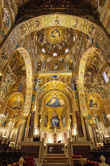Palatine Kapellet. Gyldne mosaikker udsmykker Palatine Chapel i Royal Palace (Palazzo Reale e Cappella Palatina) i Palermo; ; Palermo / Sicilien; Italien; ; sev�rdigheder; Kirker, kristendom, religion, katolsk, guld