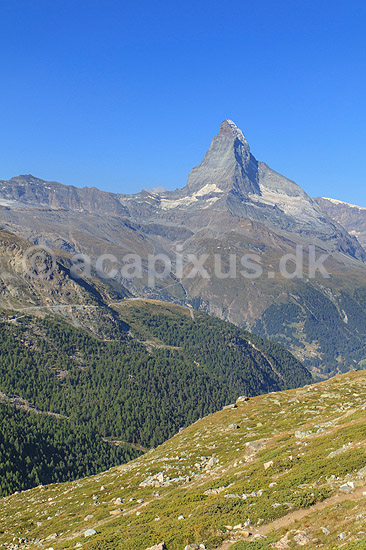 Matterhorn. Det ikoniske bjerg Matterhorn set fra n�r bjergs�en Stellisee; ; Zermatt; Schweiz; ; ; Alperne, bjerglandskab, Alpelandskab, bjergvandring