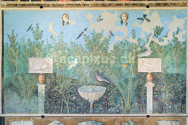 Pompeji. V�gmaleri med frodig have - fra entre i House of Golden Bracelet / Casa del Bracciale d oro; ; Pompeji / Pompei / Pompeii / Napoli / Campania; Italien; ; ; Ark�ologi, vulkaner, vulkanudbrud, pyroplastisk flow, pyroplasma, Vesuvius, Vesuv, naturkatastrofer, turistsev�rdigheder, sev�rdigheder, turisme, Romerriget, romerne, ruiner, ruinbyer