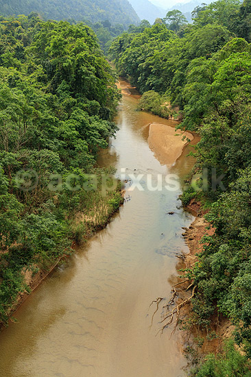 Phong Nha - Ke Bang National Park. Flod i regnskoven i Phong Nha Ke Bang National Park i Vietnam. Taget fra bro der var del at Ho Chi Minh stien; ; Phong Nha - Ke Bang; Vietnam; ; Sev�rdigheder; Floder, vandl�b
