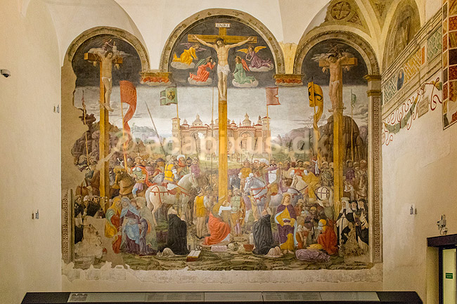 Maleriet Korsf�stelsen af Giovanni Donato da Montorfano. Maleri af Jesus korsf�stelse af maleren Giovanni Donato da Montorfano i 1495. P� v�gen overfor Leonardo da Vinci meterv�rket Den Sidste Nadver i Santa Maria delle Grazie klosteret; ; Santa Maria delle Grazie i Milano / Milano; Italien; ; Sev�rdigheder; Leonardos Last Supper Museum, Kirke, kirker, kristendom, religion, katolisme
