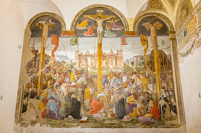 Maleriet Korsf�stelsen af Giovanni Donato da Montorfano. Maleri af Jesus korsf�stelse af maleren Giovanni Donato da Montorfano i 1495. P� v�gen overfor Leonardo da Vinci meterv�rket Den Sidste Nadver i Santa Maria delle Grazie klosteret; ; Santa Maria delle Grazie i Milano / Milano; Italien; ; Sev�rdigheder; Leonardos Last Supper Museum, Kirke, kirker, kristendom, religion, katolisme