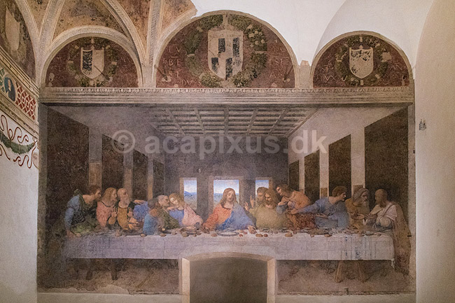 Den Sidste Nadver af Leonardo da Vinci. Jesus og hans desciple i maleriet Den Sidste Nadver af Leonardo da Vinci dateret til 1495�1498. P� v�gen i refractoriet i Santa Maria delle Grazie klosteret; ; Santa Maria delle Grazie i Milano / Milano; Italien; ; Sev�rdigheder; Il Cenacolo, La Ultima Cena, Leonardos Last Supper Museum, Kirke, kirker, kristendom, religion, katolisme