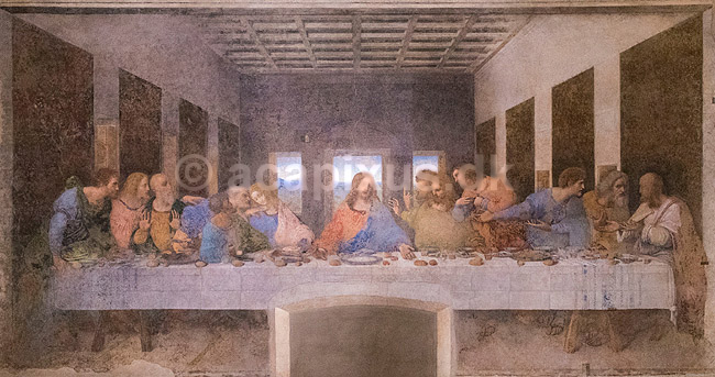 Den Sidste Nadver af Leonardo da Vinci. Jesus og hans desciple i maleriet Den Sidste Nadver af Leonardo da Vinci dateret til 1495�1498. P� v�gen i refractoriet i Santa Maria delle Grazie klosteret; ; Santa Maria delle Grazie i Milano / Milano; Italien; ; Sev�rdigheder; Il Cenacolo, La Ultima Cena, Leonardos Last Supper Museum, Kirke, kirker, kristendom, religion, katolisme