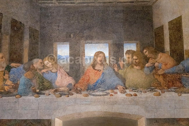 Den Sidste Nadver af Leonardo da Vinci. Jesus og hans desciple i maleriet Den Sidste Nadver af Leonardo da Vinci dateret til 1495�1498. P� v�gen i refractoriet i Santa Maria delle Grazie klosteret; ; Santa Maria delle Grazie i Milano / Milano; Italien; ; Sev�rdigheder; Il Cenacolo, La Ultima Cena, Leonardos Last Supper Museum, Kirke, kirker, kristendom, religion, katolisme