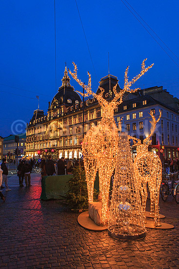 Julemarked p� Kongens Nytorv. Juleudsmykning af lysende rensdyr til Julemarked p� Kongens Nytorv - i baggrunden Magasin du Nord; ; Kongens Nytorv / K�benhavn; Danmark; ; Sev�rdigheder; Handel, julemarkeder, juleudsmykning, julestemning