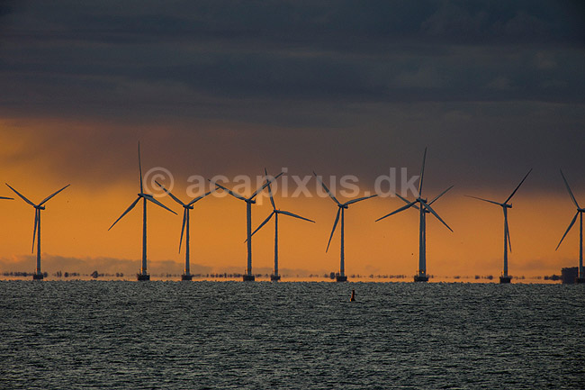 Solopgang bag Aflandshage Vindm�llepark. Aflandshage  havvindm�llepark med solopgang i baggrunden set fra Drag�r Fort; ; Drag�r; Danmark; ; ; Vindm�lle, vindenergi, energi, str�m, gr�n energi, offshore wind farm HOFOR