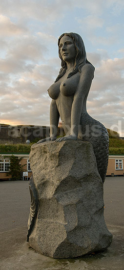 Den Store Havfrue statue p� Drag�r Havn. Den Store Havfrue, bestilt af Peter Bech, udf�rt i Kina i kinesisk granit, blev i 2006 rejst over for skulpturen Isbj�rn med unger p� Langeliniekajen og blev i 2018 flyttet til Drag�r Fort; ; Drag�r; Danmark; ; sev�rdigheder; Havfruer, skulpturer