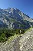 Bjergvandrer. Bjergvandrer p� vej op igennem Oeschinental p� vej mod Bl�mlisalph�tte  Kandersteg Schweiz Europa  bjergvandring, aktivferie, motion