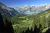 Oeschinental. Udsigt ned igennem Oeschinental i de Schweiziske Alper  Kandersteg Schweiz Europa  