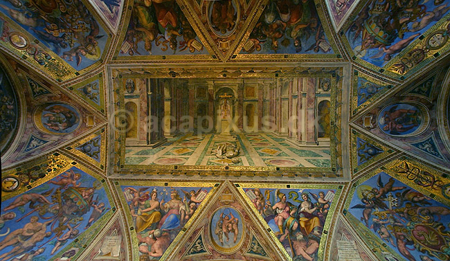 Vatikanmuseet. Loftsmaleri i Vatikanmuseet i Rom; ; Rom; Italien; Europa; ; turistsev�rdigheder, paven, paved�mmet, Vatikanet, Vatikan Staten, sightseeing, freskoer