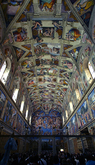 Det Sixtinske Kapel. Capella Sistina (Det Sixtinske Kapel) med freskoer af Michelangelo i Vatikanmuseet i Rom; ; Rom; Italien; Europa; ; turistsev�rdigheder, paven, paved�mmet, Vatikanet, Vatikan Staten, sightseeing, freskoer