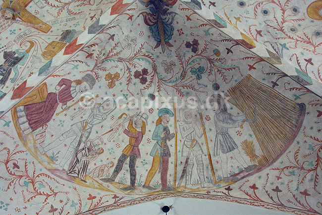 Kalkmalerier. Kalkmalerier kirkeskibet i Keldby Kirke; ; Fanefjord / Sj�lland; Danmark; ; sev�rdigheder; Kirkerum, elmelundev�rkstedet, elmelundemesteren, religion, kristendom
