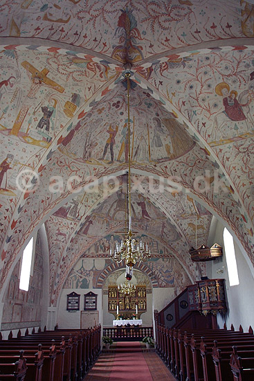 Kalkmalerier. Kalkmalerier kirkeskibet i Keldby Kirke; ; Fanefjord / Sj�lland; Danmark; ; sev�rdigheder; Kirkerum, elmelundev�rkstedet, elmelundemesteren, religion, kristendom